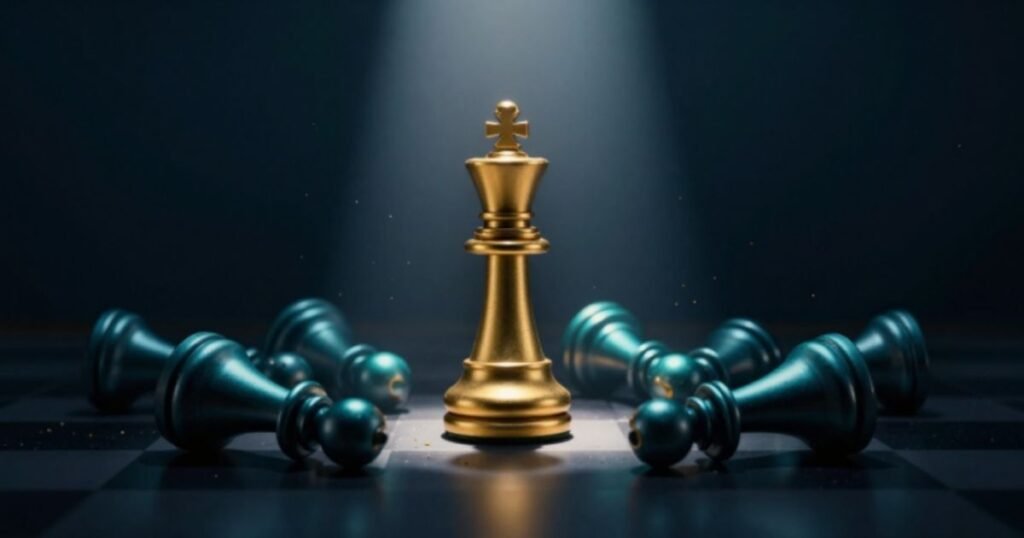 Jogo de xadrez. Rei no centro em pé e iluminado com outras peças caídas ao redor, representando manipulações dos narcisistas perversos nas manipulações.